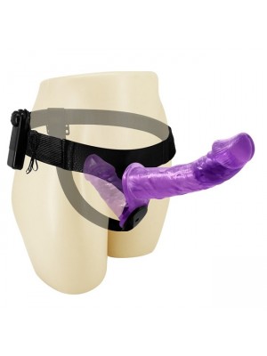 Belden Bağlamalı Çift Taraflı Titreşimli Mor Strapon Dildo