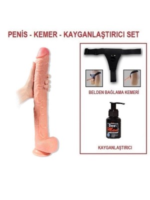 Realistik Penis Gerçekçi Damarlı 43cm Dev Dildo Kemerli Set